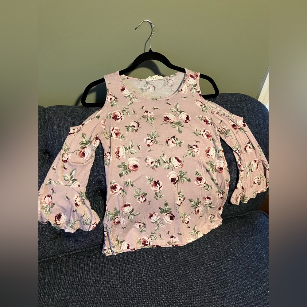 Pink, floral, open-shoulder top; woman’s small